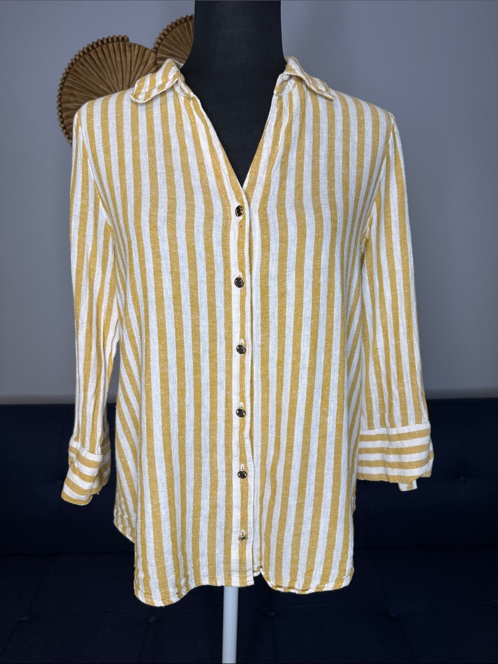 Anne Klein Mustard Yellow Stripe Print 7/8 Sleeve Linen Blend Button-up Blouse M